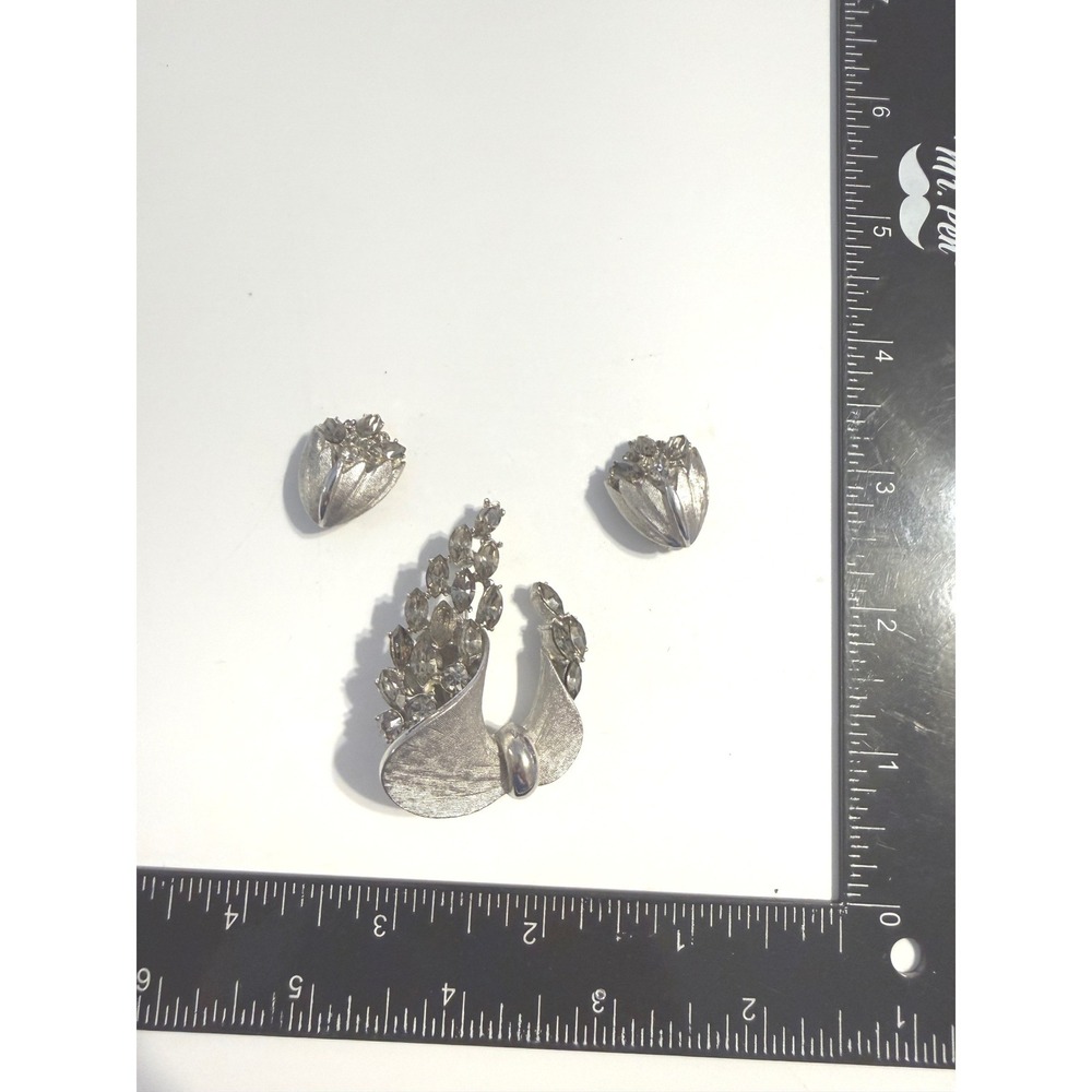 BSK Vintage Silver Tone Smoky Grey Rhinestone Brooch and Clip On Earring Set